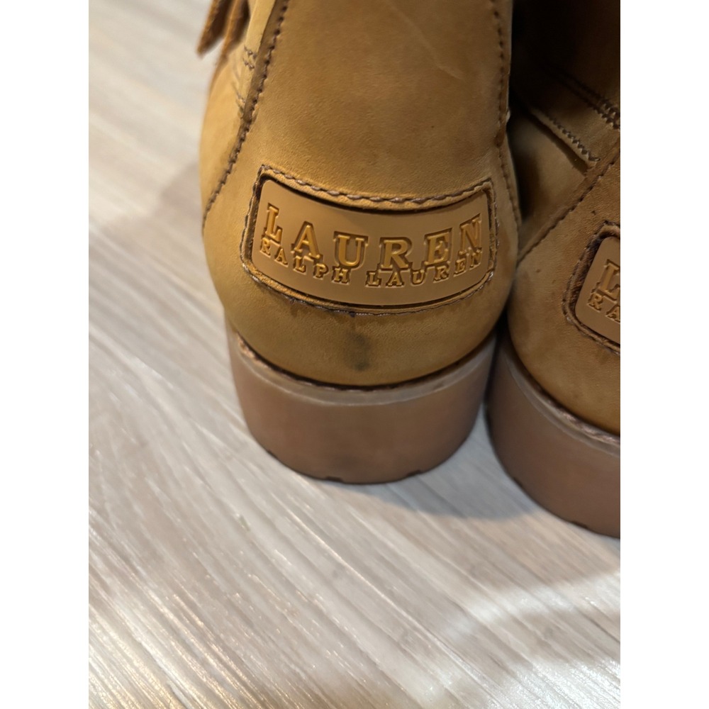 Lauren Ralph Lauren Zera Leather Combat Boots Tan Wheat Buckle Moc Toe 8.5B - Picture 6 of 10